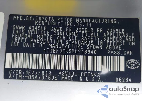 2011 Toyota Camry Le from USA, damaged, VIN 4T1BF3EK5BU218848